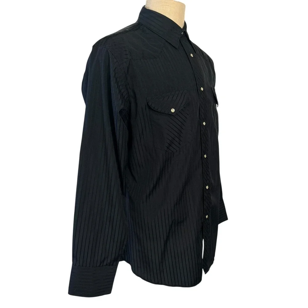 Wrangler‎ Western Shirt L Black Snap Button Striped Cowboy Rodeo Chic Darkwear